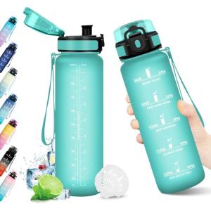 Bouteille d&rsquo;eau 500ml, Gourde Enfant avec Filtre, Gourde Sport Étanche, Gourdes avec Marqueur de Temps, Bouteille Reutilisable, Gourdes Motivation Idéale pour Yoga, École, Bureau, Randonnée(32oz-1000ml | Mat Bleu-vert)
