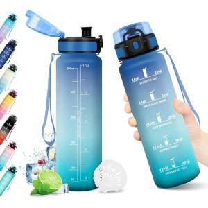 Bouteille d&rsquo;eau 500ml, Gourde Enfant avec Filtre, Gourde Sport Étanche, Gourdes avec Marqueur de Temps, Bouteille Reutilisable, Gourdes Motivation Idéale pour Yoga, École, Bureau, Randonnée(17oz-500ml | Bleu + Vert)