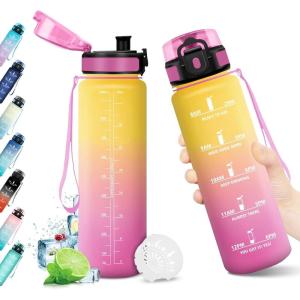 Bouteille d&rsquo;eau 500ml, Gourde Enfant avec Filtre, Gourde Sport Étanche, Gourdes avec Marqueur de Temps, Bouteille Reutilisable, Gourdes Motivation Idéale pour Yoga, École, Bureau, Randonnée(32oz-1000ml | Jaune + Rose)