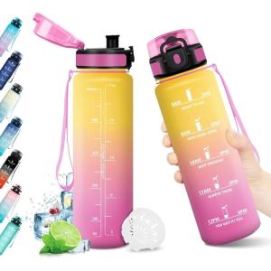 Bouteille d&rsquo;eau 500ml, Gourde Enfant avec Filtre, Gourde Sport Étanche, Gourdes avec Marqueur de Temps, Bouteille Reutilisable, Gourdes Motivation Idéale pour Yoga, École, Bureau, Randonnée(17oz-500ml | Jaune + Rose)
