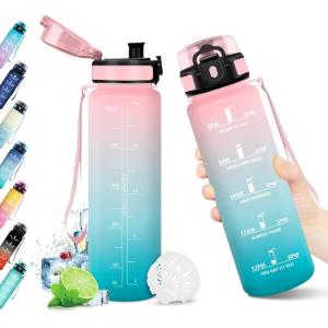 Bouteille d&rsquo;eau 500ml, Gourde Enfant avec Filtre, Gourde Sport Étanche, Gourdes avec Marqueur de Temps, Bouteille Reutilisable, Gourdes Motivation Idéale pour Yoga, École, Bureau, Randonnée(17oz-500ml | Rose + Cyan)
