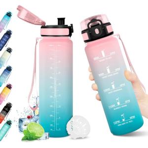 Bouteille d&rsquo;eau 500ml, Gourde Enfant avec Filtre, Gourde Sport Étanche, Gourdes avec Marqueur de Temps, Bouteille Reutilisable, Gourdes Motivation Idéale pour Yoga, École, Bureau, Randonnée(32oz-1000ml | Rose + Cyan)