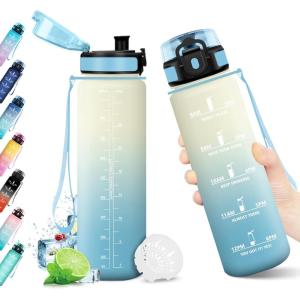 Bouteille d&rsquo;eau 500ml, Gourde Enfant avec Filtre, Gourde Sport Étanche, Gourdes avec Marqueur de Temps, Bouteille Reutilisable, Gourdes Motivation Idéale pour Yoga, École, Bureau, Randonnée(32oz-1000ml | Blanc + Bleu Clair)