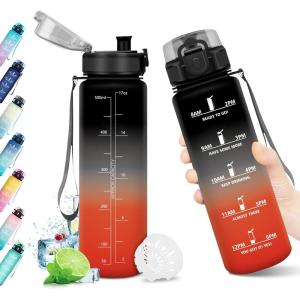 Bouteille d&rsquo;eau 500ml, Gourde Enfant avec Filtre, Gourde Sport Étanche, Gourdes avec Marqueur de Temps, Bouteille Reutilisable, Gourdes Motivation Idéale pour Yoga, École, Bureau, Randonnée(32oz-1000ml | Noir + Rouge)