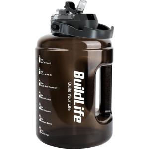 BuildLife – Gourde de sport de 2,5 L avec marqueur de temps et couvercle 2-en-1 – Sans BPA – Bouteille d’eau pour le gym (2500 ml, Noir)(Violet)
