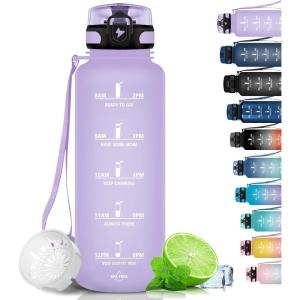 Grsta Gourde, 1.5L Gourde Sport, sans BPA, Bouteille d&rsquo;eau, Gourde Graduée pour 1 Journee, Filtre et Marqueur de Temps, Gourde Motivation pour la randonnée, l&rsquo;école – Noir rouge(Violet)