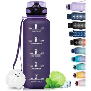 Grsta Gourde, 1.5L Gourde Sport, sans BPA, Bouteille d&rsquo;eau, Gourde Graduée pour 1 Journee, Filtre et Marqueur de Temps, Gourde Motivation pour la randonnée, l&rsquo;école – Noir rouge(Violet Foncé-m)
