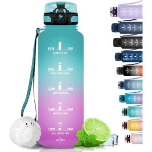 Grsta Gourde, 1.5L Gourde Sport, sans BPA, Bouteille d&rsquo;eau, Gourde Graduée pour 1 Journee, Filtre et Marqueur de Temps, Gourde Motivation pour la randonnée, l&rsquo;école – Noir rouge(Poudre Verte)