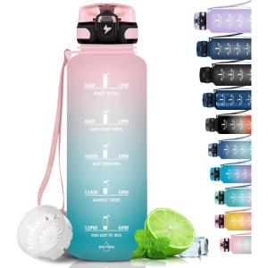 Grsta Gourde, 1.5L Gourde Sport, sans BPA, Bouteille d&rsquo;eau, Gourde Graduée pour 1 Journee, Filtre et Marqueur de Temps, Gourde Motivation pour la randonnée, l&rsquo;école – Noir rouge(Rose-cyan)