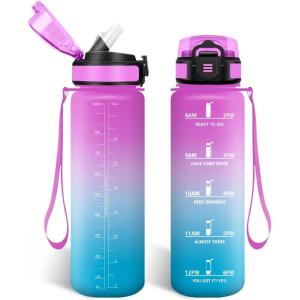HoneyHolly Gourde, 1.5L Bouteille, Gourde Sport avec Paille, Water Bottle Motivation avec Marqueur de Temps, Water Bottle, Étanche, Bouteille d&rsquo;eau pour Randonnée, Camping, Fitness, Cyclisme(Rosacyan – 1000ml)