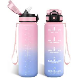 HoneyHolly Gourde, 1.5L Bouteille, Gourde Sport avec Paille, Water Bottle Motivation avec Marqueur de Temps, Water Bottle, Étanche, Bouteille d&rsquo;eau pour Randonnée, Camping, Fitness, Cyclisme(Himmelrosa – 1000ml)