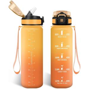 HoneyHolly Gourde, 1.5L Bouteille, Gourde Sport avec Paille, Water Bottle Motivation avec Marqueur de Temps, Water Bottle, Étanche, Bouteille d&rsquo;eau pour Randonnée, Camping, Fitness, Cyclisme(Orange Ambré – 1000 Ml)
