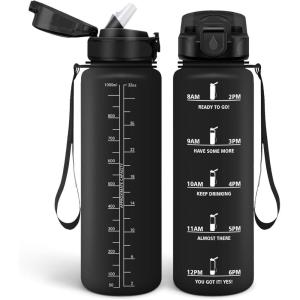 HoneyHolly Gourde, 1.5L Bouteille, Gourde Sport avec Paille, Water Bottle Motivation avec Marqueur de Temps, Water Bottle, Étanche, Bouteille d&rsquo;eau pour Randonnée, Camping, Fitness, Cyclisme(Black With Label Color – 1000 Ml)