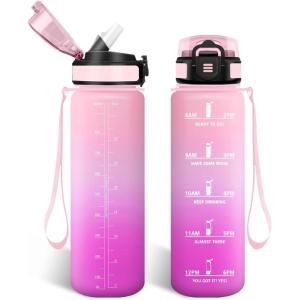 HoneyHolly Gourde, 1.5L Bouteille, Gourde Sport avec Paille, Water Bottle Motivation avec Marqueur de Temps, Water Bottle, Étanche, Bouteille d&rsquo;eau pour Randonnée, Camping, Fitness, Cyclisme(Pinkrose – 1000ml)