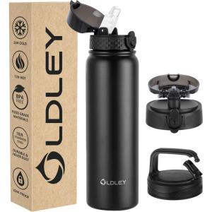 OLDLEY Bouteille d&rsquo;eau en Acier Inoxydable avec Paille 1L Isotherme Sous Vide Grande gourde en Métal Étanche Garder les Boissons au Chaud et au Froid pour Vélo Camping Sports Gym Adulte Femme Homme(Noir)