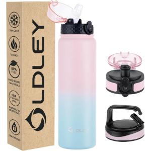 OLDLEY Bouteille d&rsquo;eau en Acier Inoxydable avec Paille 1L Isotherme Sous Vide Grande gourde en Métal Étanche Garder les Boissons au Chaud et au Froid pour Vélo Camping Sports Gym Adulte Femme Homme(Rose Bleu)