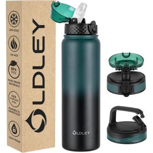 OLDLEY Bouteille d&rsquo;eau en Acier Inoxydable avec Paille 1L Isotherme Sous Vide Grande gourde en Métal Étanche Garder les Boissons au Chaud et au Froid pour Vélo Camping Sports Gym Adulte Femme Homme(Foncé Vert Noir)