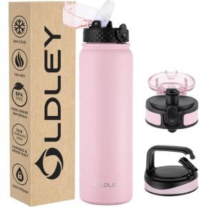 OLDLEY Bouteille d&rsquo;eau en Acier Inoxydable avec Paille 1L Isotherme Sous Vide Grande gourde en Métal Étanche Garder les Boissons au Chaud et au Froid pour Vélo Camping Sports Gym Adulte Femme Homme(Rose)