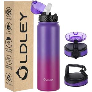 OLDLEY Bouteille d&rsquo;eau en Acier Inoxydable avec Paille 1L Isotherme Sous Vide Grande gourde en Métal Étanche Garder les Boissons au Chaud et au Froid pour Vélo Camping Sports Gym Adulte Femme Homme(Violet Rose)