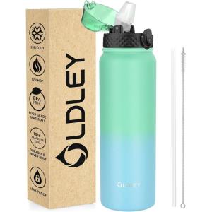 OLDLEY Bouteille d&rsquo;eau en Acier Inoxydable avec Paille 1L Isotherme Sous Vide Grande gourde en Métal Étanche Garder les Boissons au Chaud et au Froid pour Vélo Camping Sports Gym Adulte Femme Homme(Feuille Vert-bleu)
