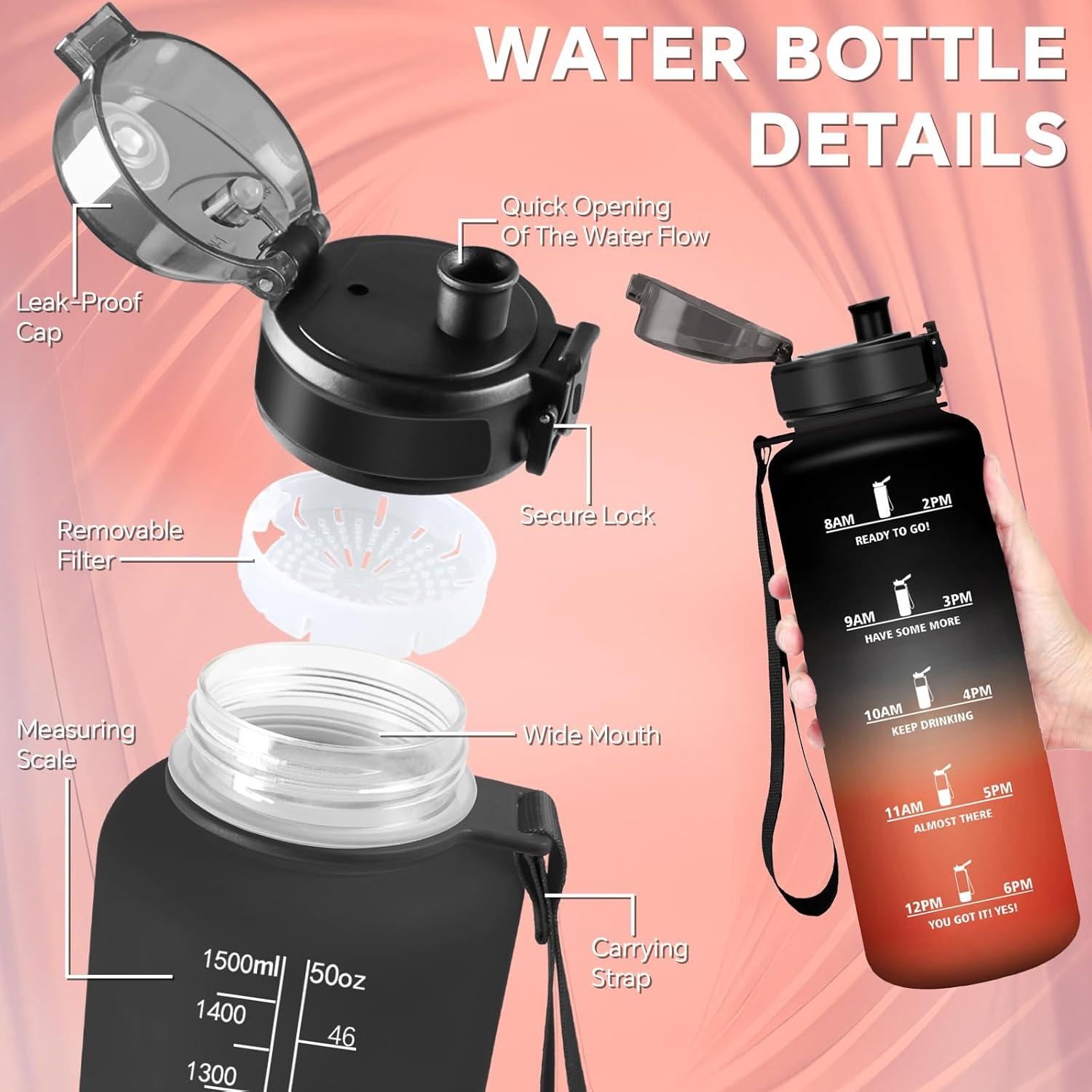 image:imageGourde 15l Sport AntiFuite Gourde Motivation avec Slogan de Motivation Bouteille Gradue pour 1 Journee Facile Nettoyer Bouteille pour Running Extrieur SportNoirrouge