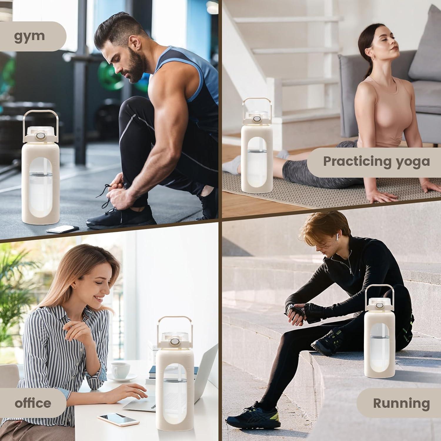image:imageGourde de sport en verre de 2 l avec double paille coque en silicone et 1 brosse de nettoyage bouteille deau en verre antifuite pour smoothies fruits boissons gazeuses crmeBlanc Cass