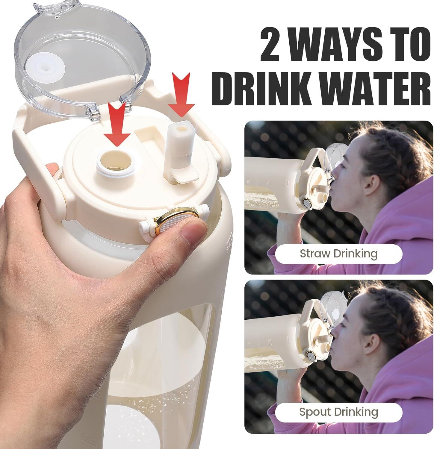 image:imageGourde de sport en verre de 2 l avec double paille coque en silicone et 1 brosse de nettoyage bouteille deau en verre antifuite pour smoothies fruits boissons gazeuses crmeBlanc Cass