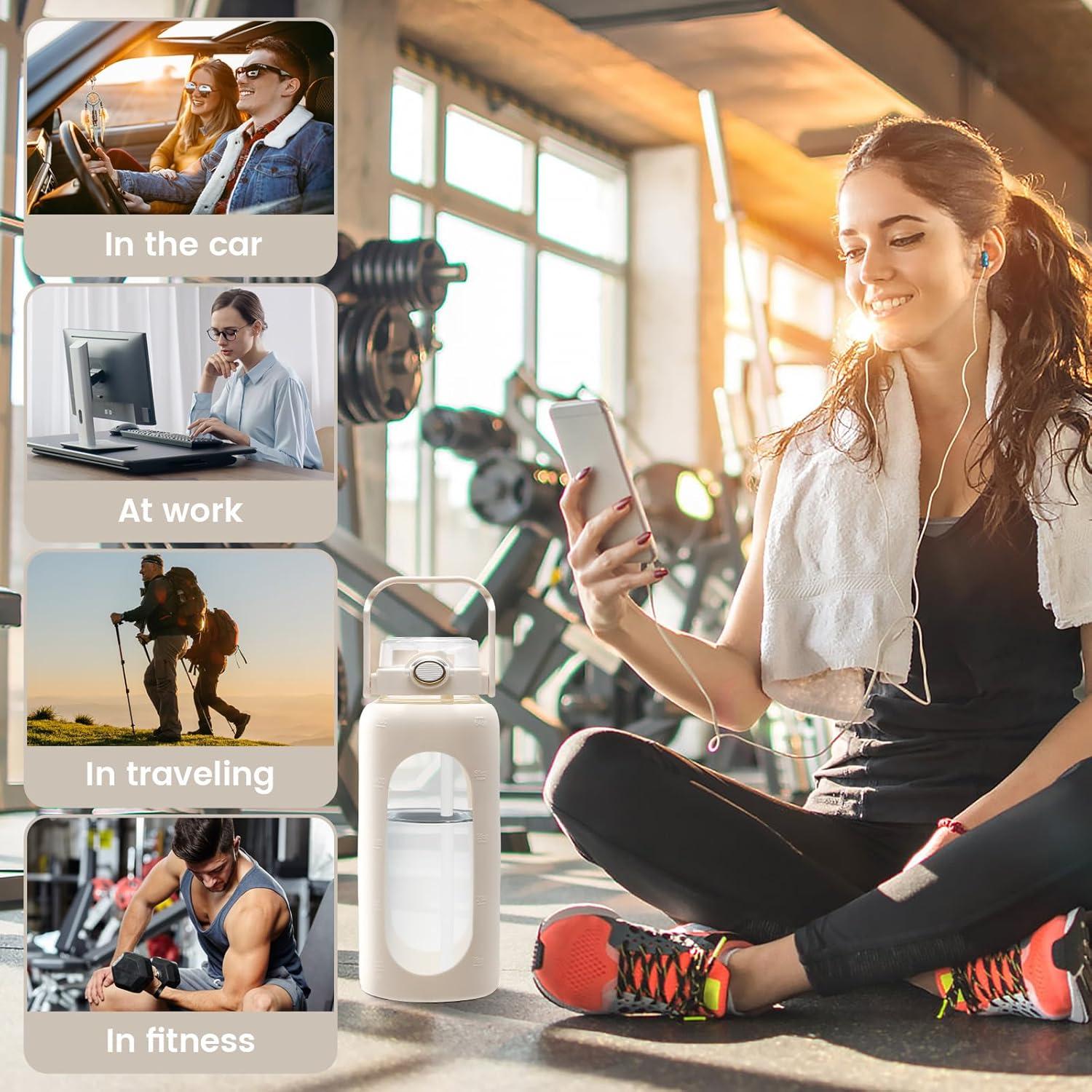 image:imageGourde de sport en verre de 2 l avec double paille coque en silicone et 1 brosse de nettoyage bouteille deau en verre antifuite pour smoothies fruits boissons gazeuses crmeBlanc Cass