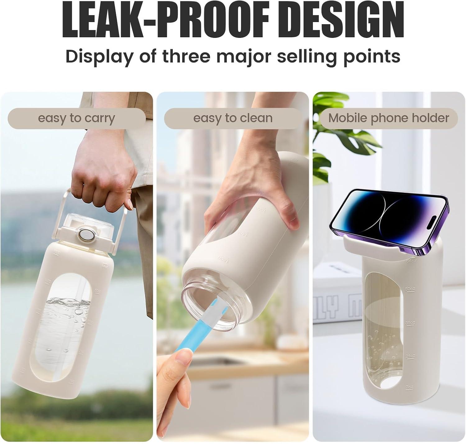 image:imageGourde de sport en verre de 2 l avec double paille coque en silicone et 1 brosse de nettoyage bouteille deau en verre antifuite pour smoothies fruits boissons gazeuses crmeBlanc Cass
