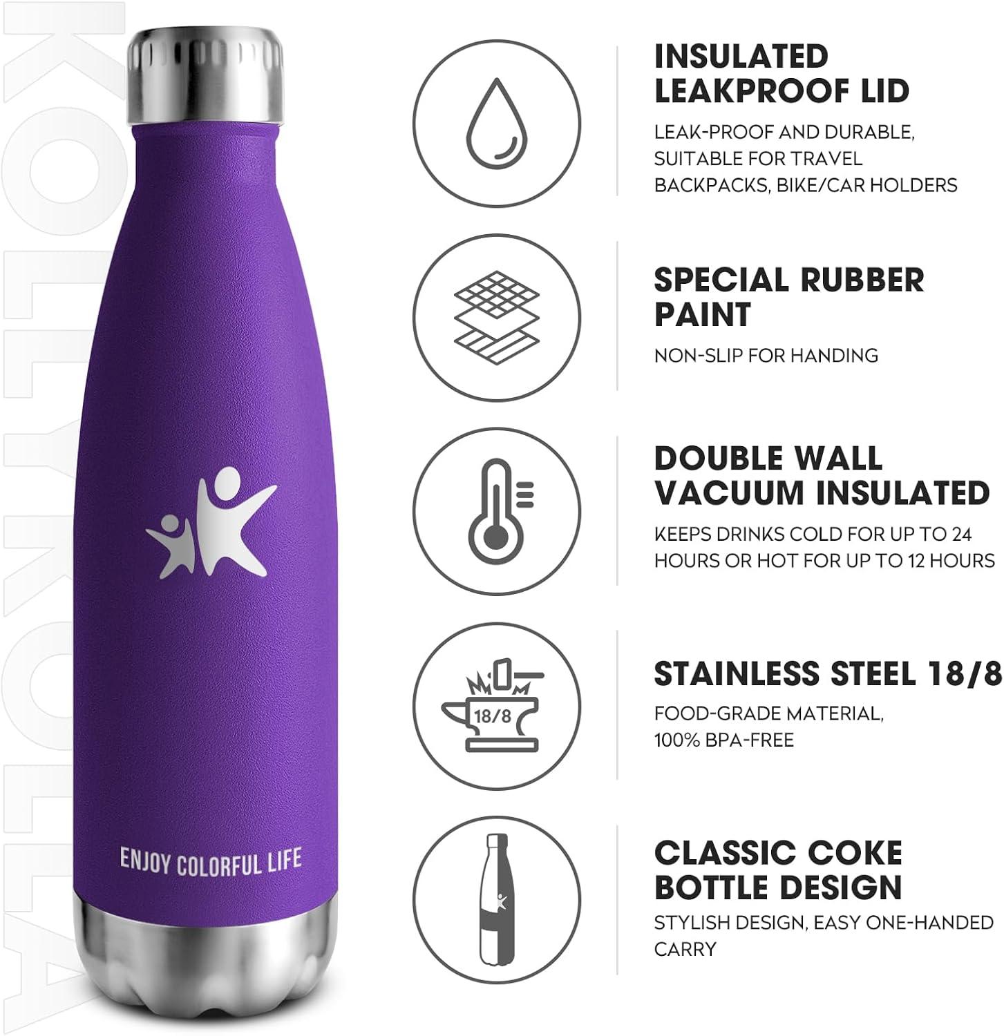 image:imageKollyKolla Gourde Inox Isotherme 350500650750ml Bouteille deau Acier Inoxydable Double Paroi Reutilisable Gourdes Sans BPA Etanche Bidon Anti Fuite pour Enfant ampamp Adulte Sport Gym coleNeuf Violet Fonc