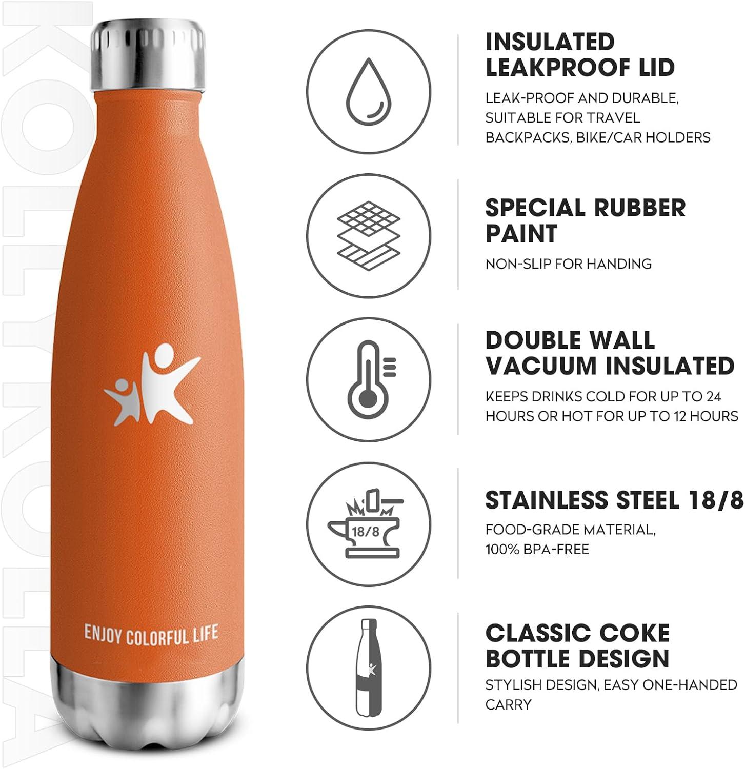 image:imageKollyKolla Gourde Inox Isotherme 350500650750ml Bouteille deau Acier Inoxydable Double Paroi Reutilisable Gourdes Sans BPA Etanche Bidon Anti Fuite pour Enfant ampamp Adulte Sport Gym coleNeuf Orange