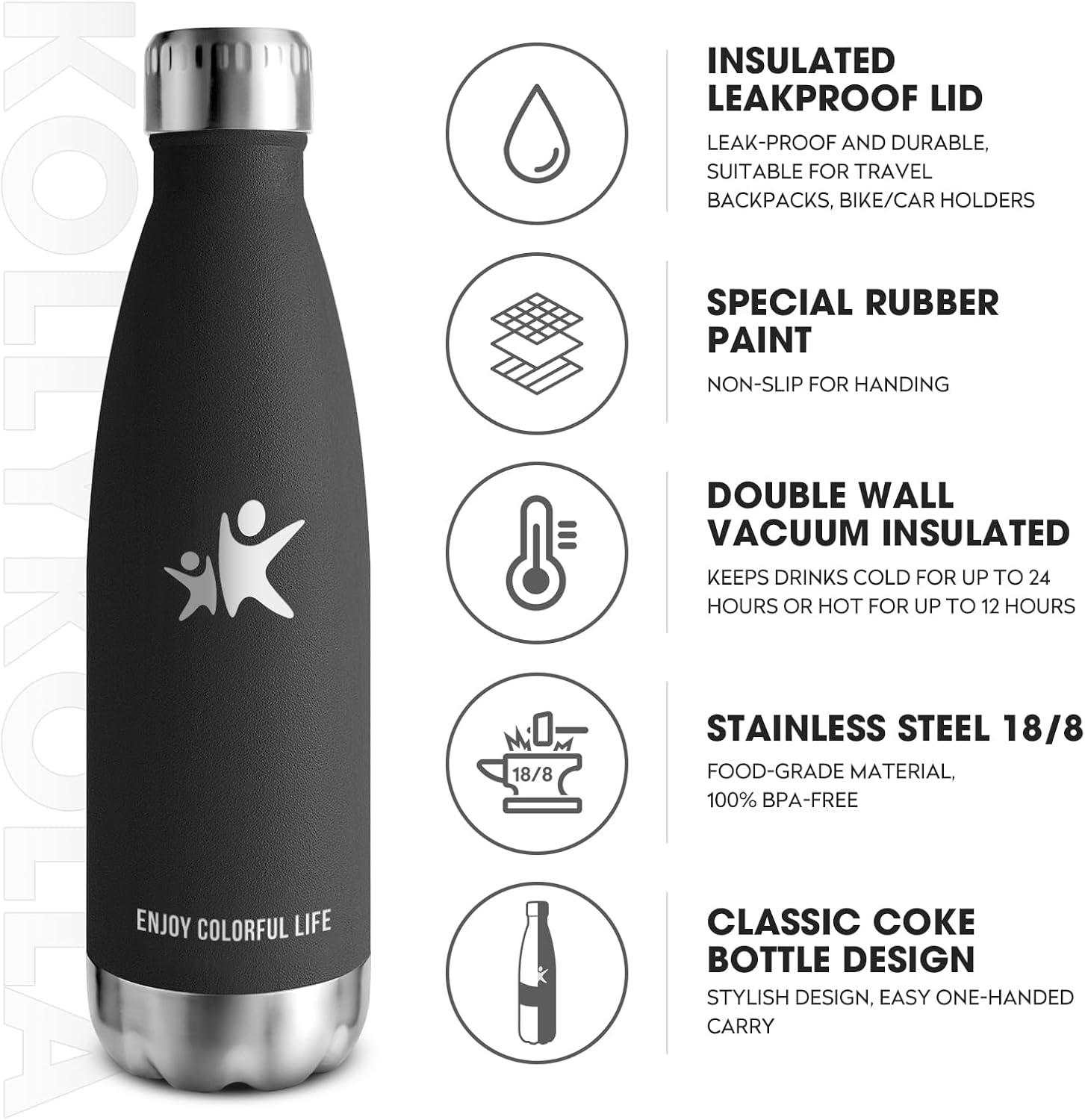 image:imageKollyKolla Gourde Inox Isotherme 350500650750ml Bouteille deau Acier Inoxydable Double Paroi Reutilisable Gourdes Sans BPA Etanche Bidon Anti Fuite pour Enfant ampamp Adulte Sport Gym coleNeuf Noir