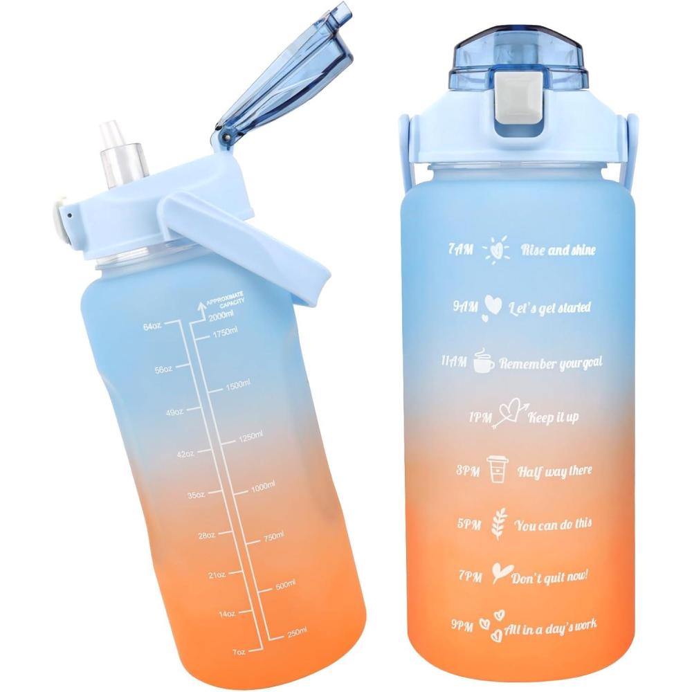 image:imageMXTIMWAN Bouteille dEau 2L Gourde Sport avec Marqueur de Temps et Paille Grande Gourde Sans BPA Gourde 2L Anti Fuite pour Gym Voyage Bureau Bleu  OrangeBleu  Orange