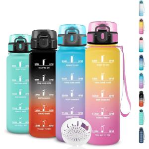 Gourde 1,5l Sport, Anti-Fuite, Gourde Motivation avec Slogan de Motivation, Bouteille Graduée pour 1 Journee, Facile à Nettoyer, Bouteille pour Running, Extérieur, Sport(Jaune-rose)