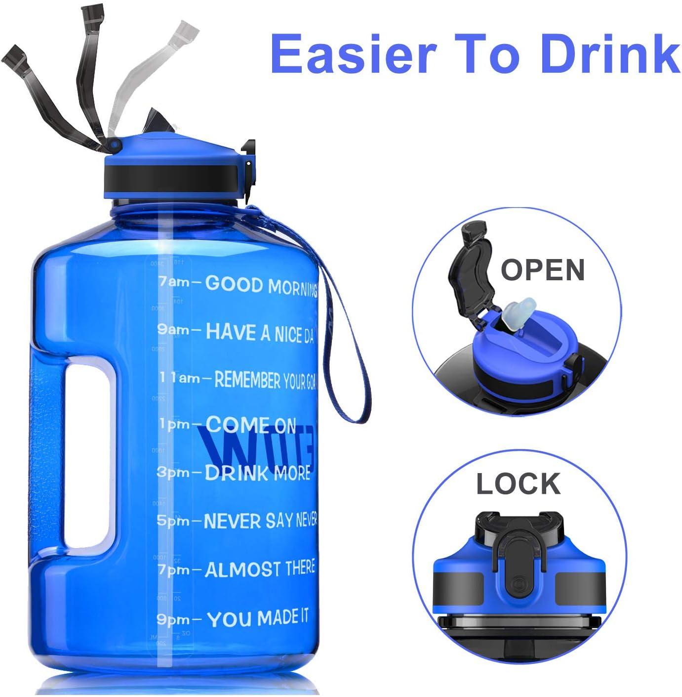 image:imageBouteille deau de 4 litres avec Paille et Marquages de Temps Motivants sans BPA Grande Gourde Antifuite pour Sport FitnessBleu