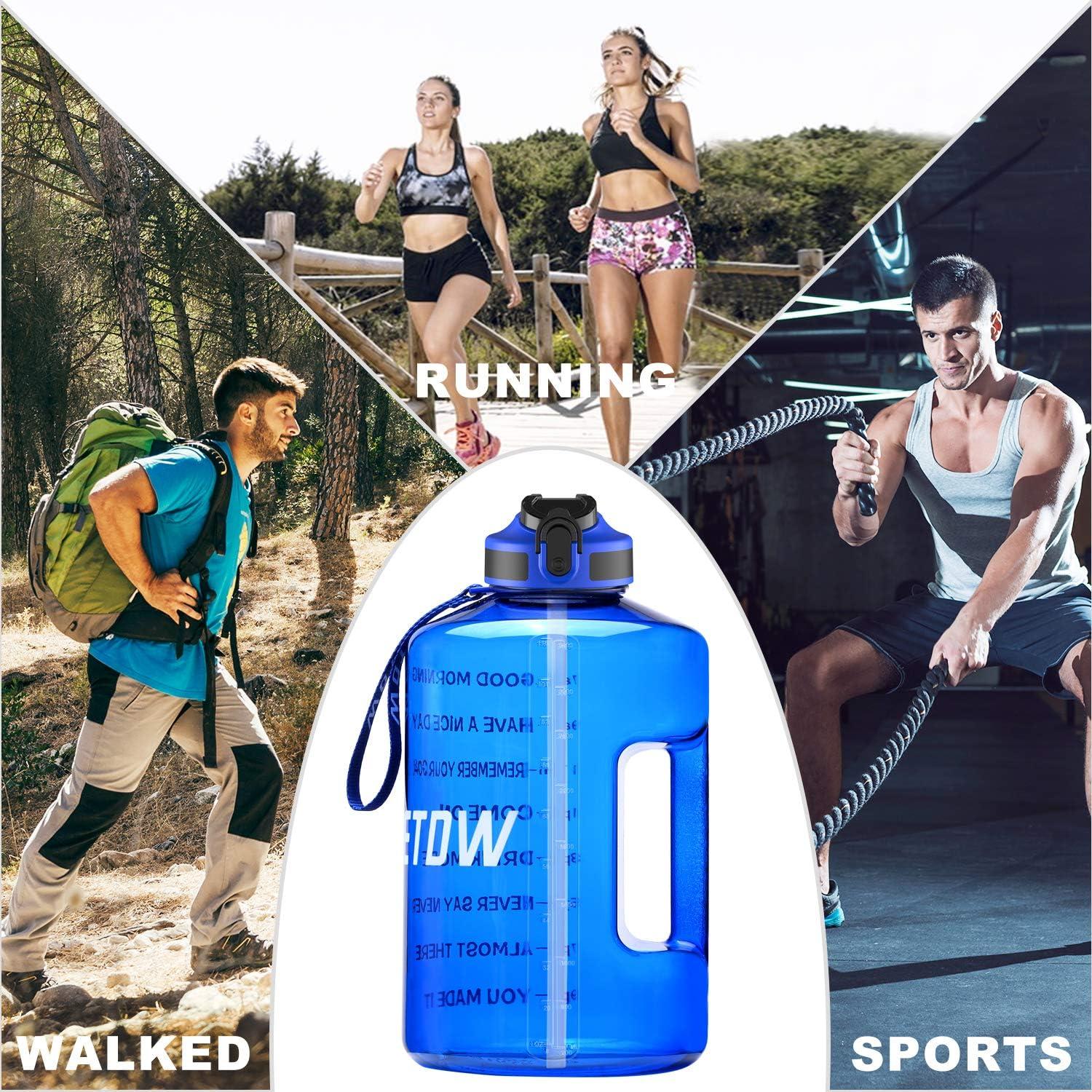 image:imageBouteille deau de 4 litres avec Paille et Marquages de Temps Motivants sans BPA Grande Gourde Antifuite pour Sport FitnessBleu