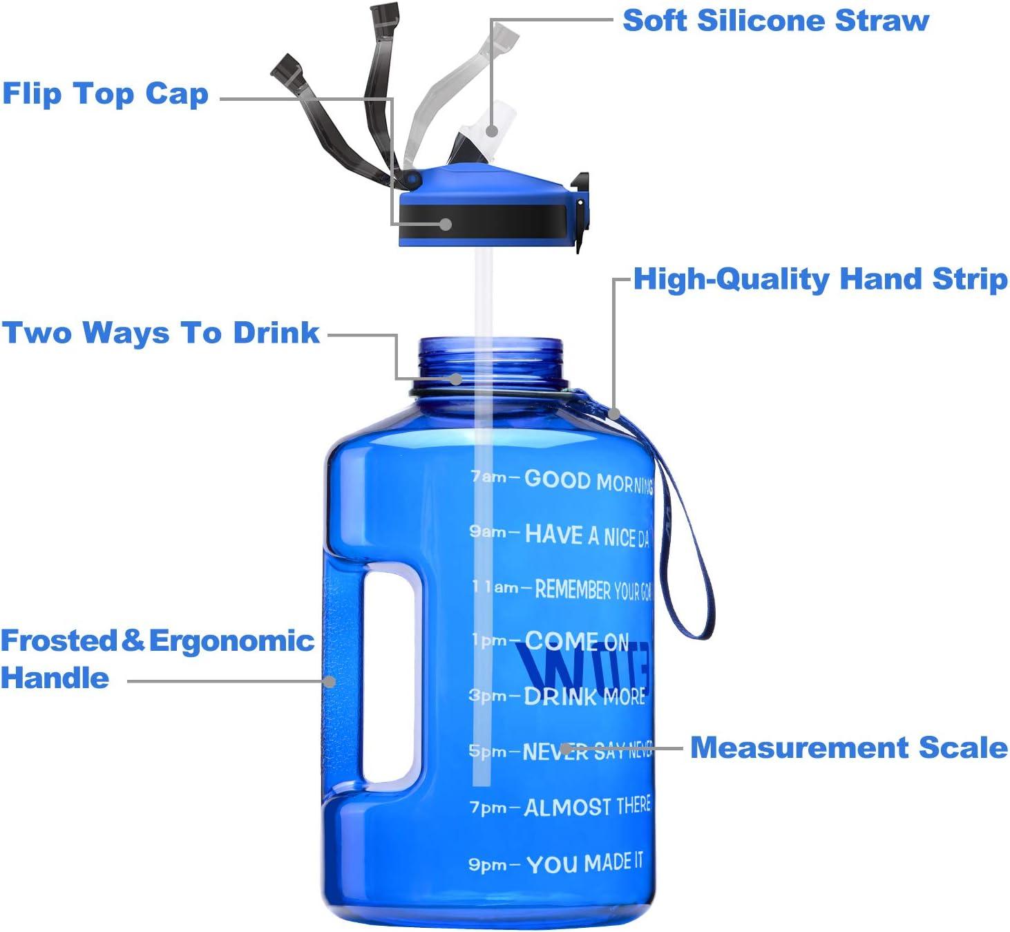 image:imageBouteille deau de 4 litres avec Paille et Marquages de Temps Motivants sans BPA Grande Gourde Antifuite pour Sport FitnessBleu