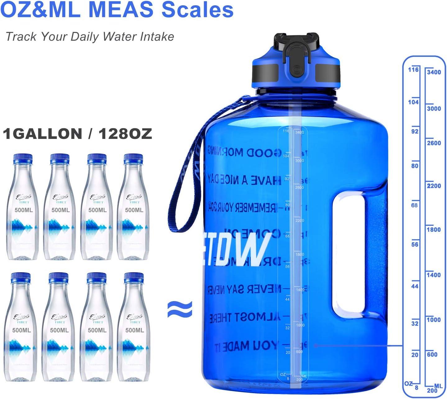 image:imageBouteille deau de 4 litres avec Paille et Marquages de Temps Motivants sans BPA Grande Gourde Antifuite pour Sport FitnessBleu