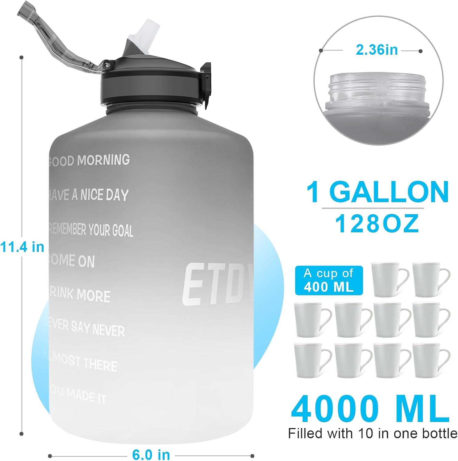 image:imageBouteille deau de 4 litres avec Paille et Marquages de Temps Motivants sans BPA Grande Gourde Antifuite pour Sport FitnessNoir Blanc