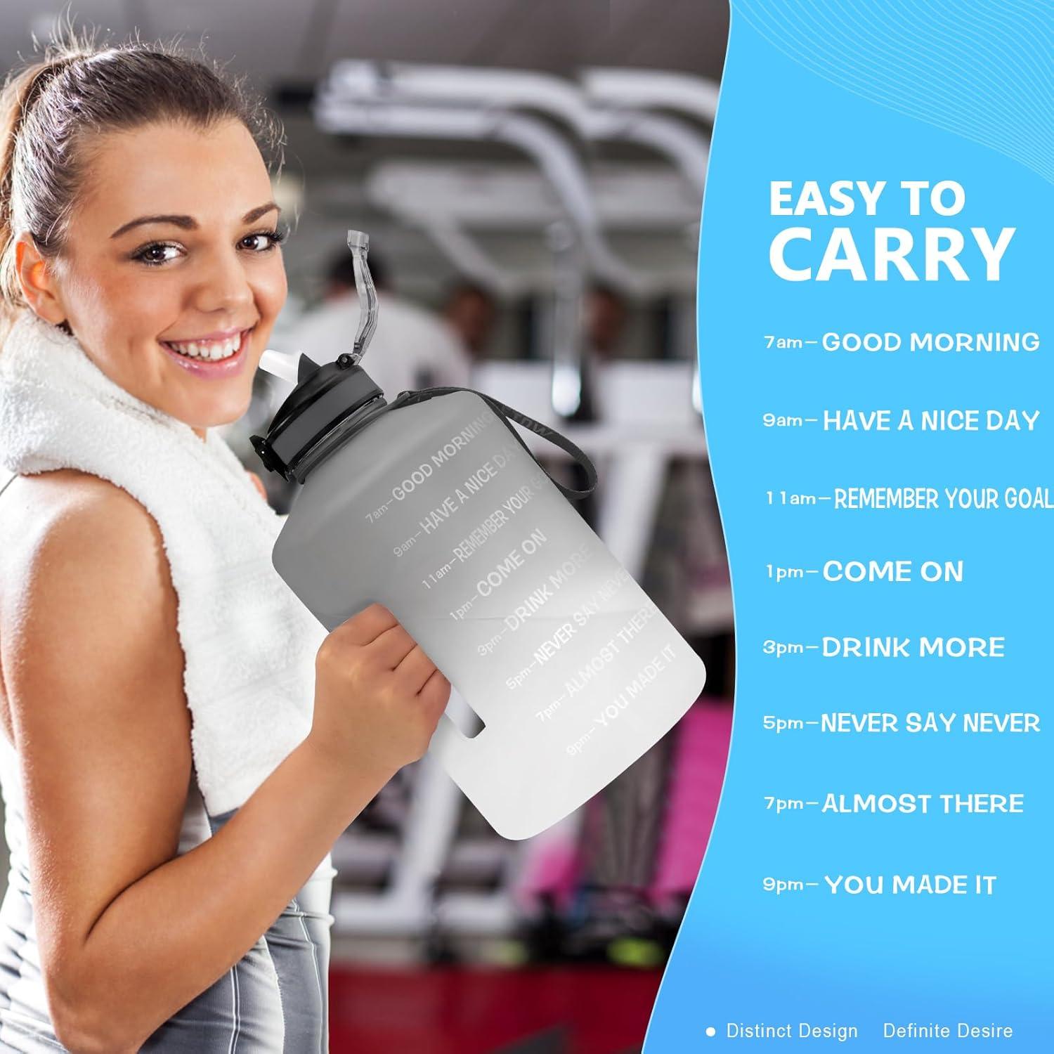 image:imageBouteille deau de 4 litres avec Paille et Marquages de Temps Motivants sans BPA Grande Gourde Antifuite pour Sport FitnessNoir Blanc