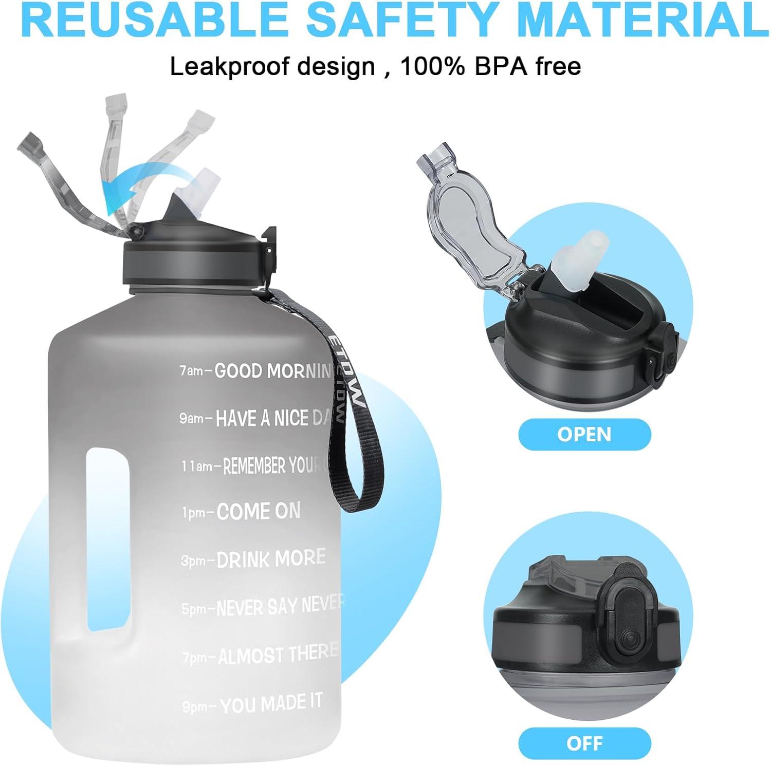 image:imageBouteille deau de 4 litres avec Paille et Marquages de Temps Motivants sans BPA Grande Gourde Antifuite pour Sport FitnessNoir Blanc