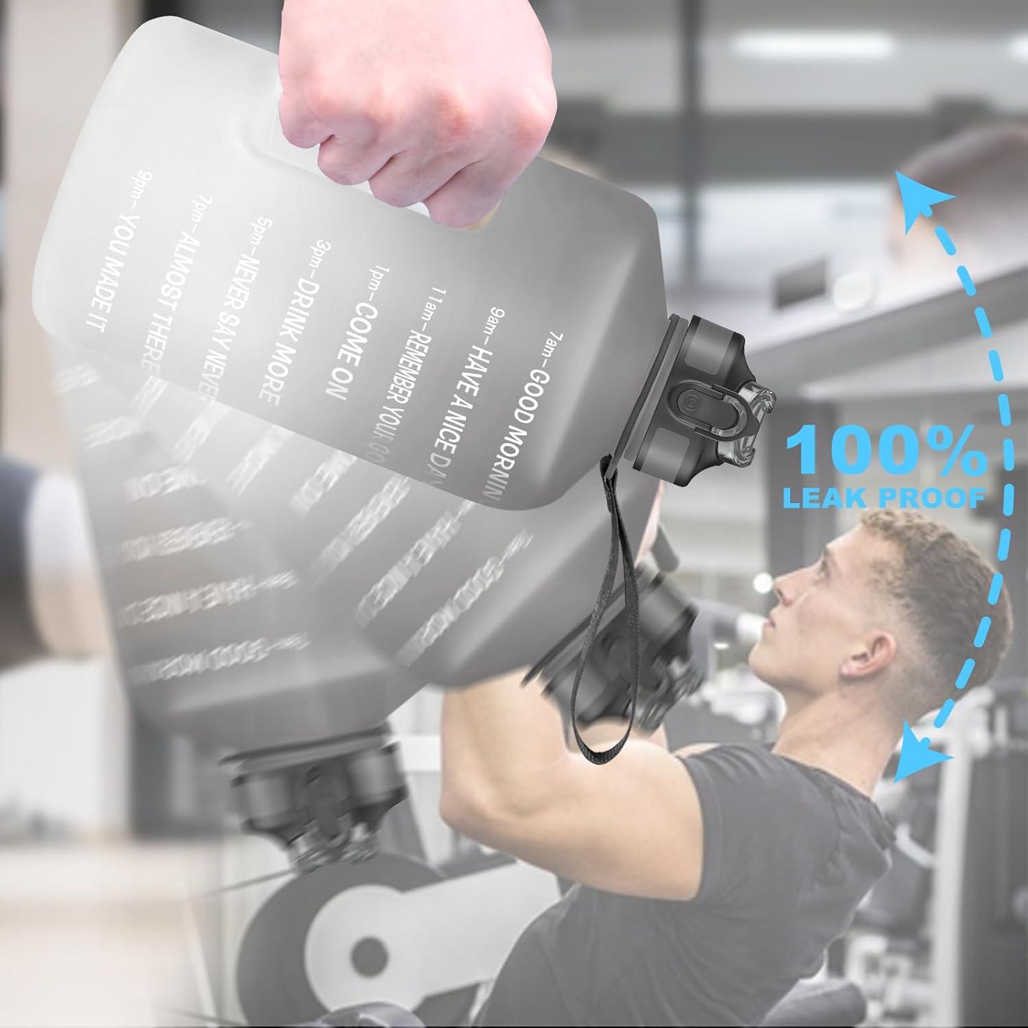 image:imageBouteille deau de 4 litres avec Paille et Marquages de Temps Motivants sans BPA Grande Gourde Antifuite pour Sport FitnessNoir Blanc