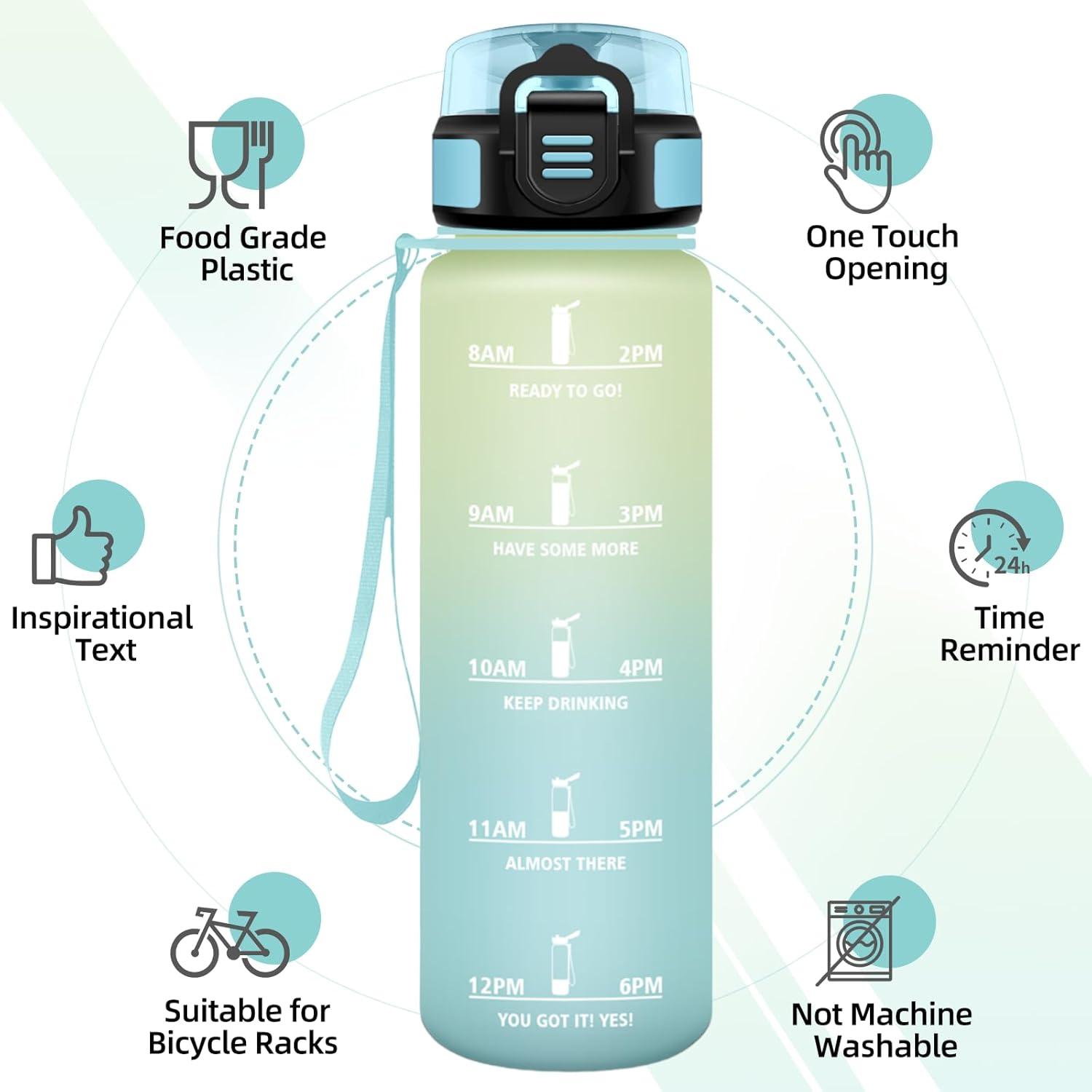 image:imageGourde 15l AntiFuit Gourde Sport avec Marqueur de Temps Bouteille deau Rutilisable Bouteille Sans BPA pour Randonne Fitness Sport Yoga NoirRougeBlanc Cassbleu Clair