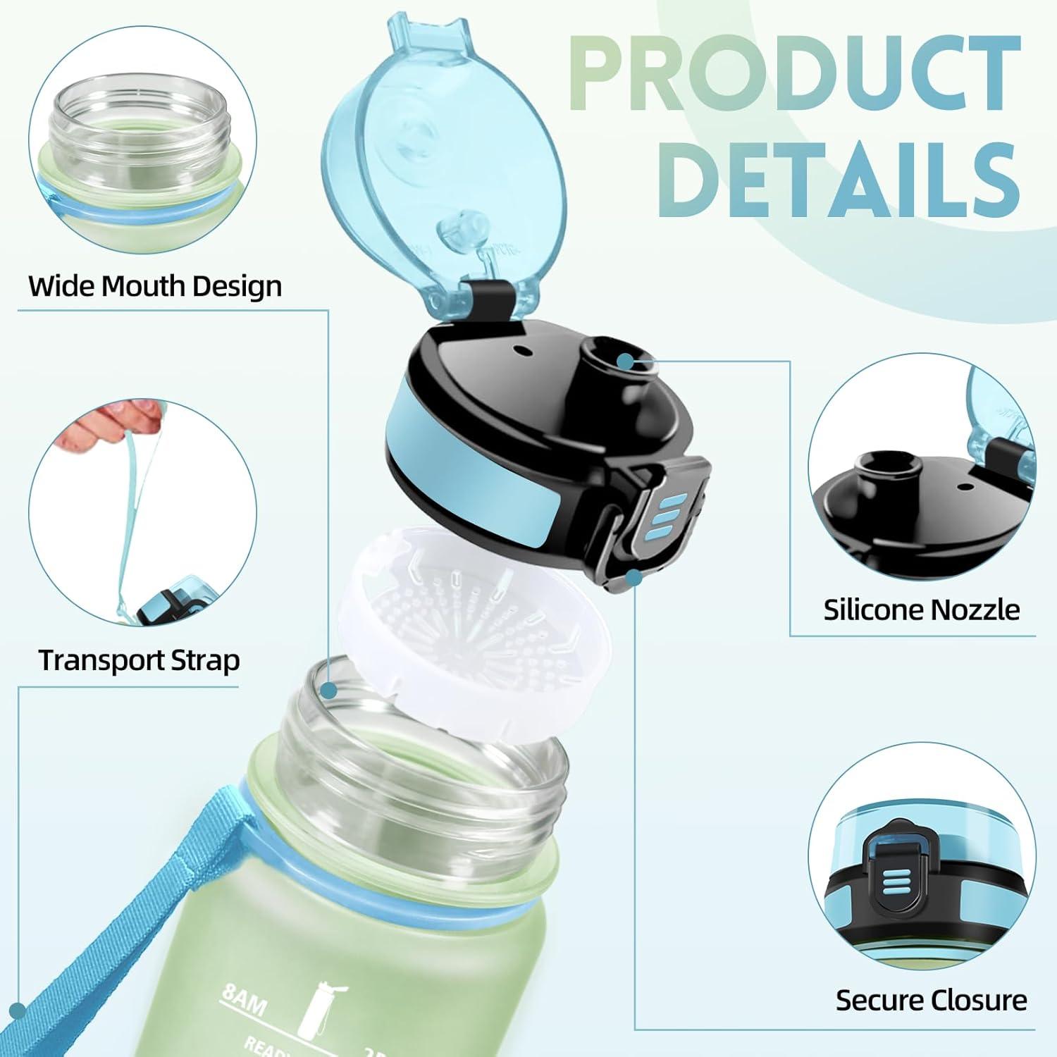 image:imageGourde 15l AntiFuit Gourde Sport avec Marqueur de Temps Bouteille deau Rutilisable Bouteille Sans BPA pour Randonne Fitness Sport Yoga NoirRougeBlanc Cassbleu Clair