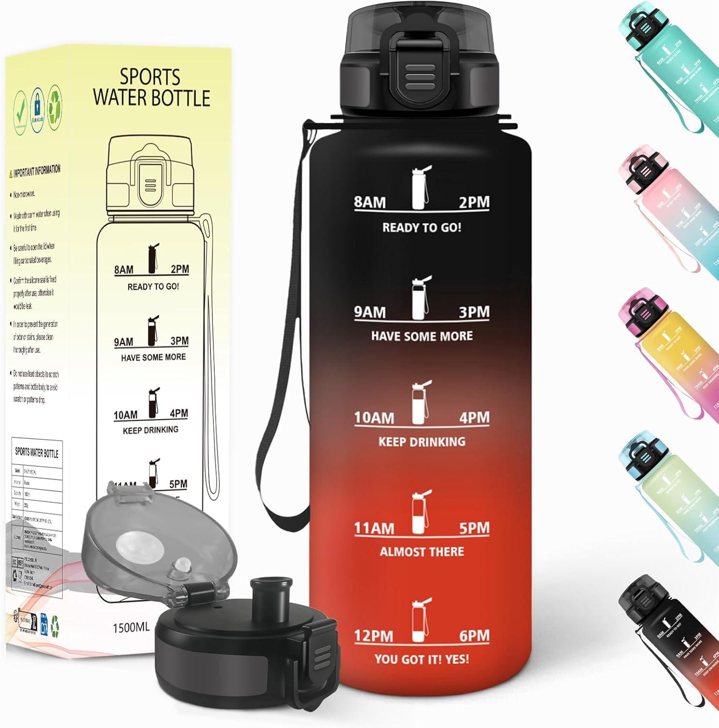 image:imageGourde 15l AntiFuit Gourde Sport avec Marqueur de Temps Bouteille deau Rutilisable Bouteille Sans BPA pour Randonne Fitness Sport Yoga NoirRougeNoirrouge