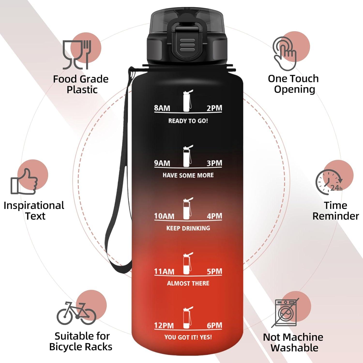 image:imageGourde 15l AntiFuit Gourde Sport avec Marqueur de Temps Bouteille deau Rutilisable Bouteille Sans BPA pour Randonne Fitness Sport Yoga NoirRougeNoirrouge