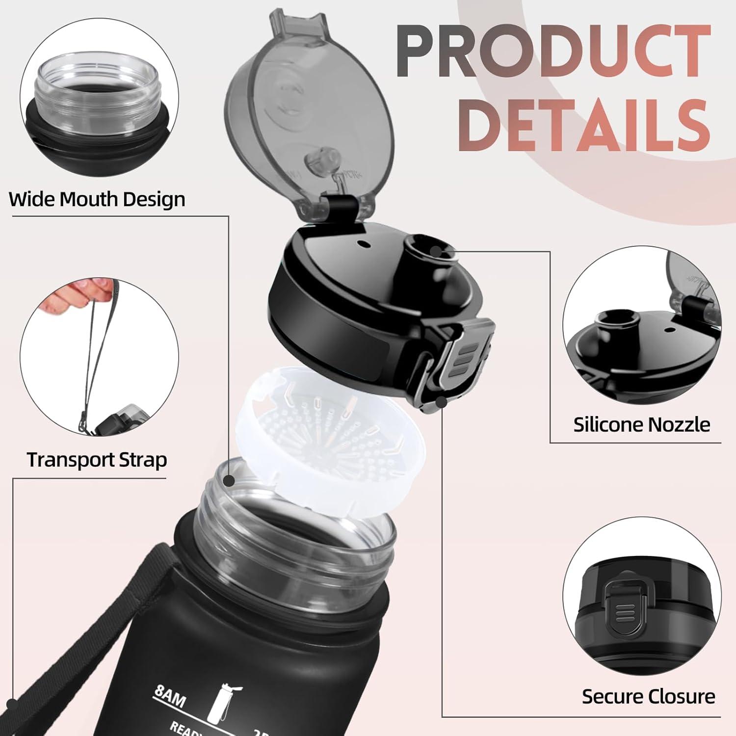 image:imageGourde 15l AntiFuit Gourde Sport avec Marqueur de Temps Bouteille deau Rutilisable Bouteille Sans BPA pour Randonne Fitness Sport Yoga NoirRougeNoirrouge
