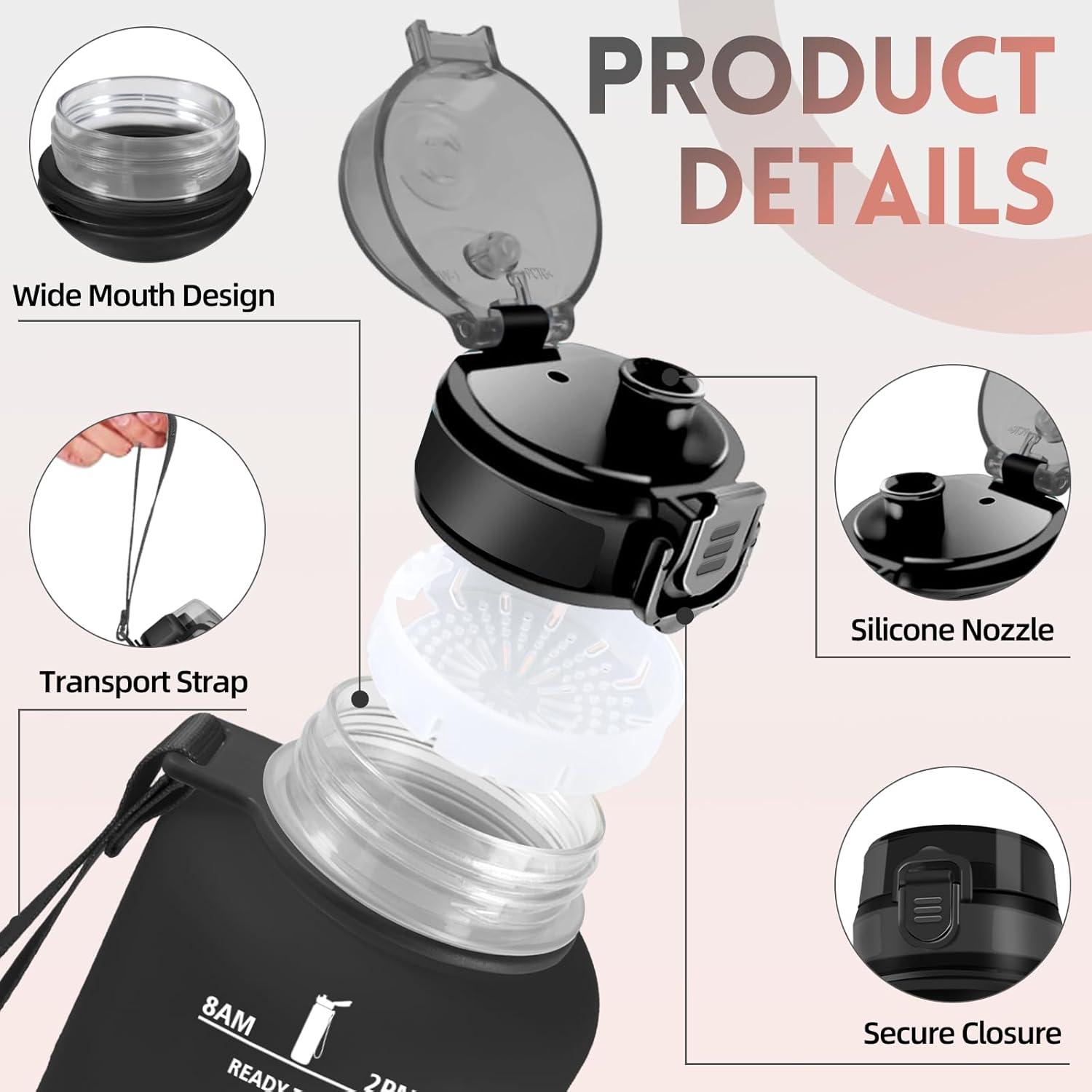 image:imageGourde 15l AntiFuit Gourde Sport avec Marqueur de Temps Bouteille deau Rutilisable Bouteille Sans BPA pour Randonne Fitness Sport Yoga NoirRougeNoirrouge