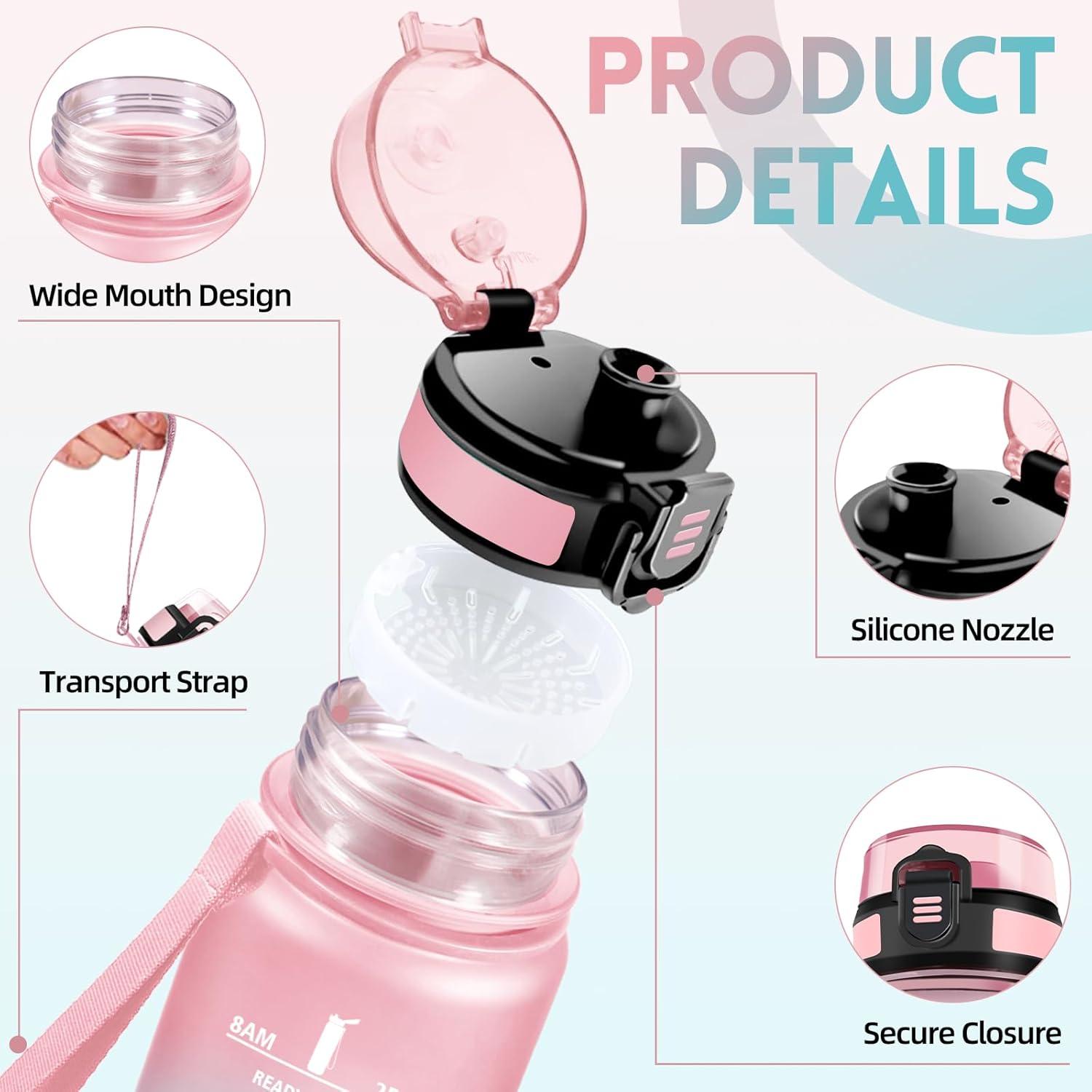 image:imageGourde 15l AntiFuit Gourde Sport avec Marqueur de Temps Bouteille deau Rutilisable Bouteille Sans BPA pour Randonne Fitness Sport Yoga NoirRougeRosevert
