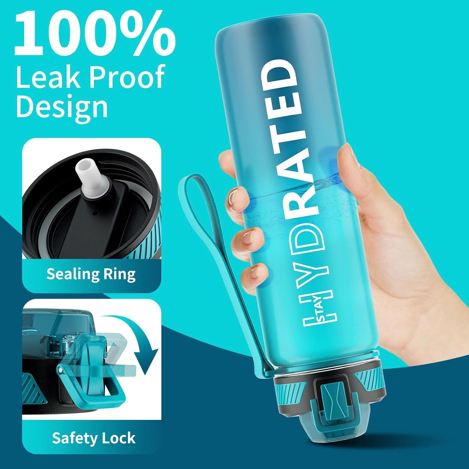 image:imageGourde 1L Gourde Sport avec Paille et Gradue 1 Litre tanche Bouteille dEau avec Brosse Gourdes Motivation sans BPA pour Fitness Bureau lcole YogaBleu Fonc